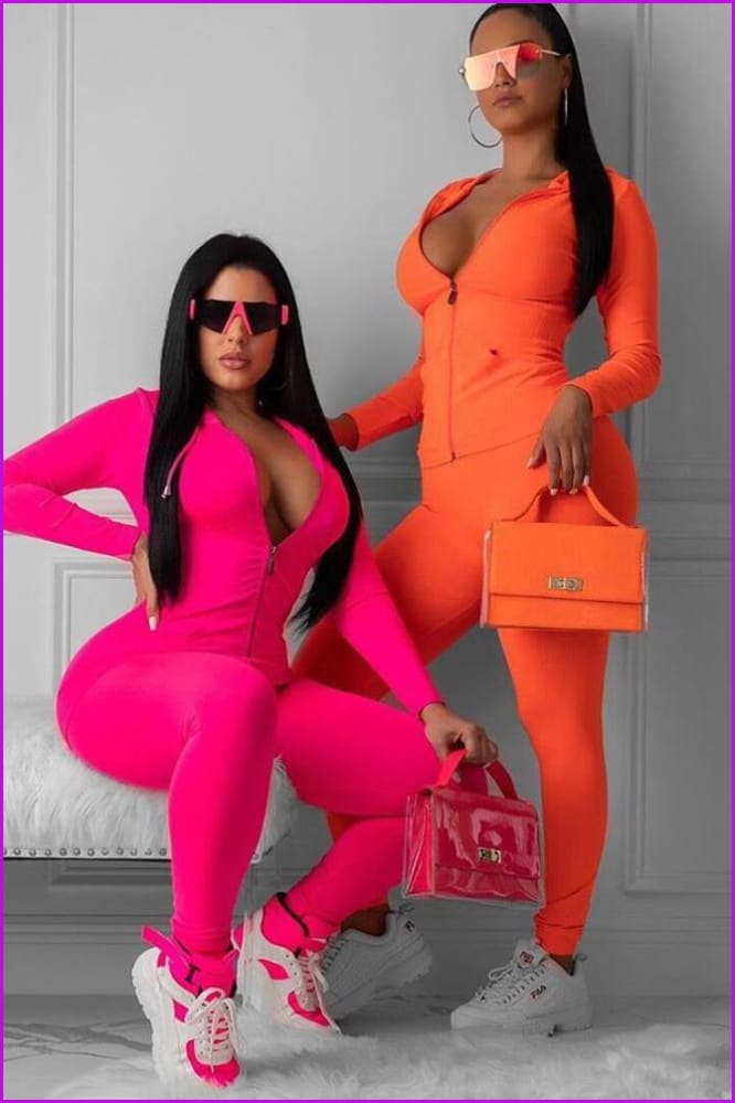 Orange/Hot Pink Sports 2 Pieces Set BodySuit F318 - Furdela