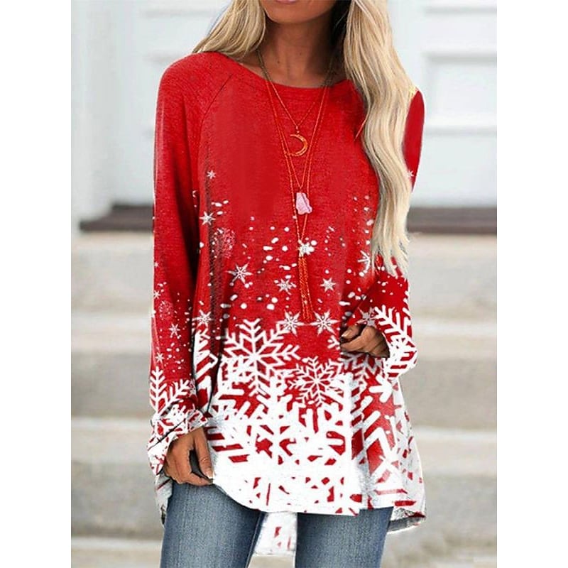 Women's T shirt Tee Tunic Green Black Red Graphic Snowflake Print Long Sleeve Christmas Daily Basic Christmas Round Neck Long S PC68