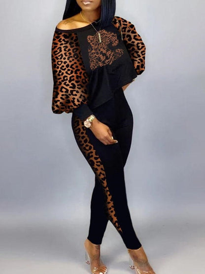 Plus Size Crop Top Leopard Print Skinny Pants Set AT9052