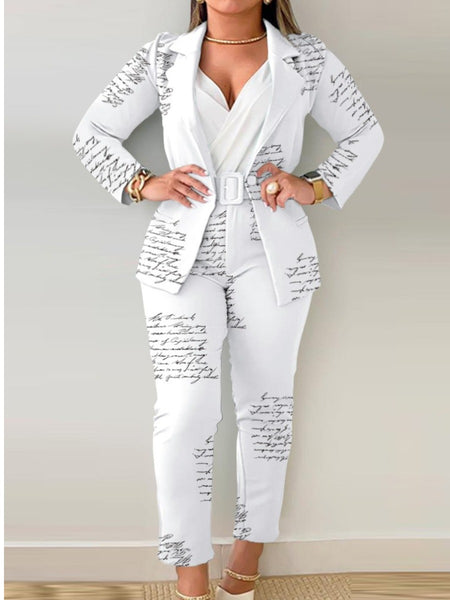 Plus Size Letter Print Belt Design Blazer Pants Set BO3021