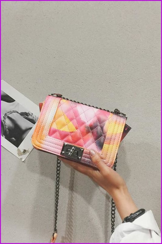 Pastel Pink/Yellow Chain PU Cross Body Bag - Furdela