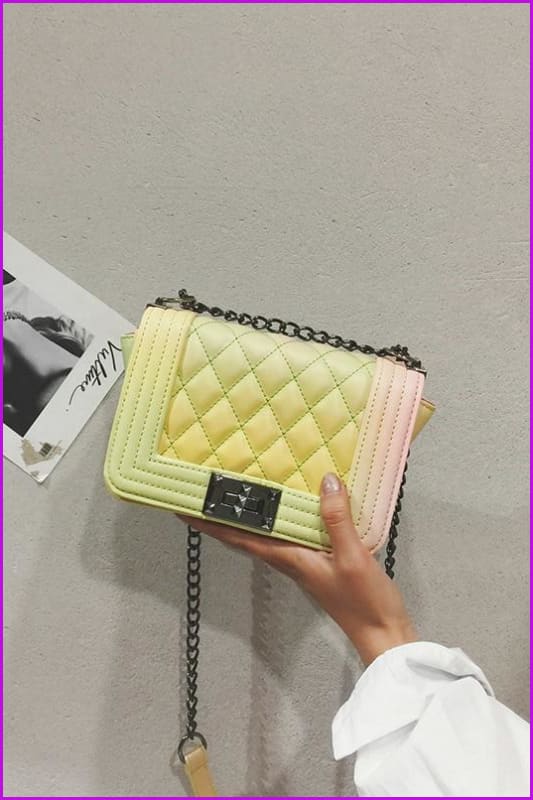 Pastel Pink/Yellow Chain PU Cross Body Bag - Furdela