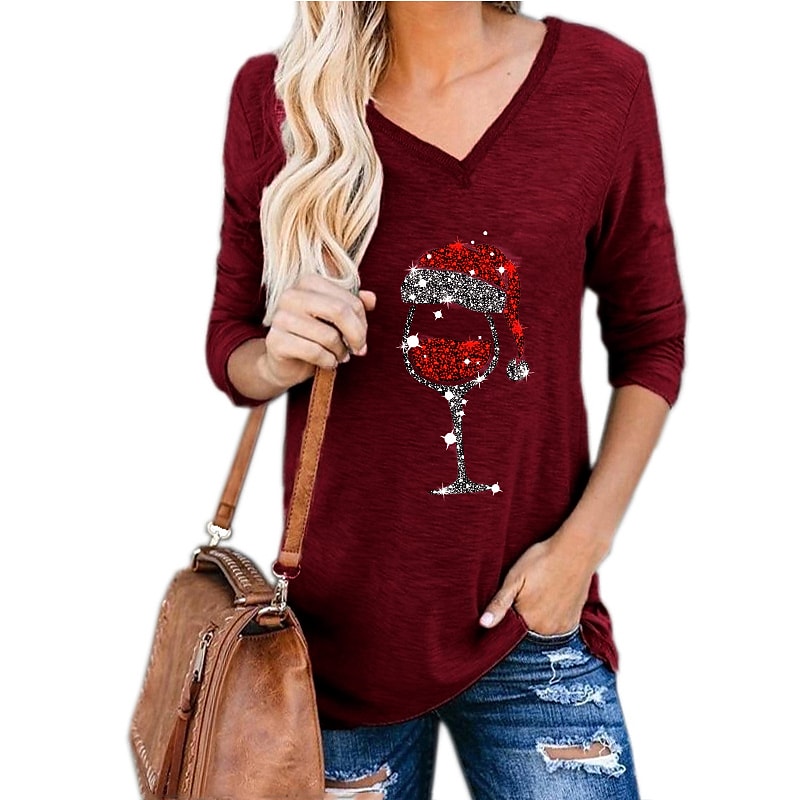 Women's T shirt Tee ArmyGreen Black Blue Dandelion Wine Glass Print Long Sleeve Christmas Casual Basic Christmas V Neck Regular S PC111