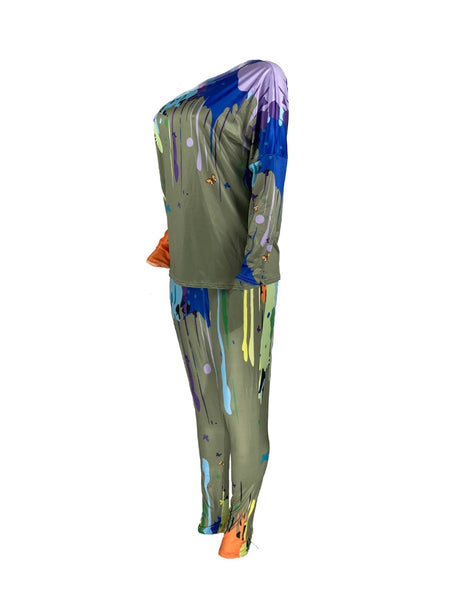 Plus Size Inclined Neck Splash Ink Pants Set AT908