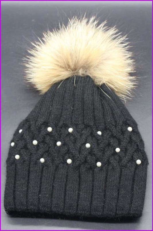 Pearl Knitted With Raccoon Fur Ball Hat DY1702 - Furdela