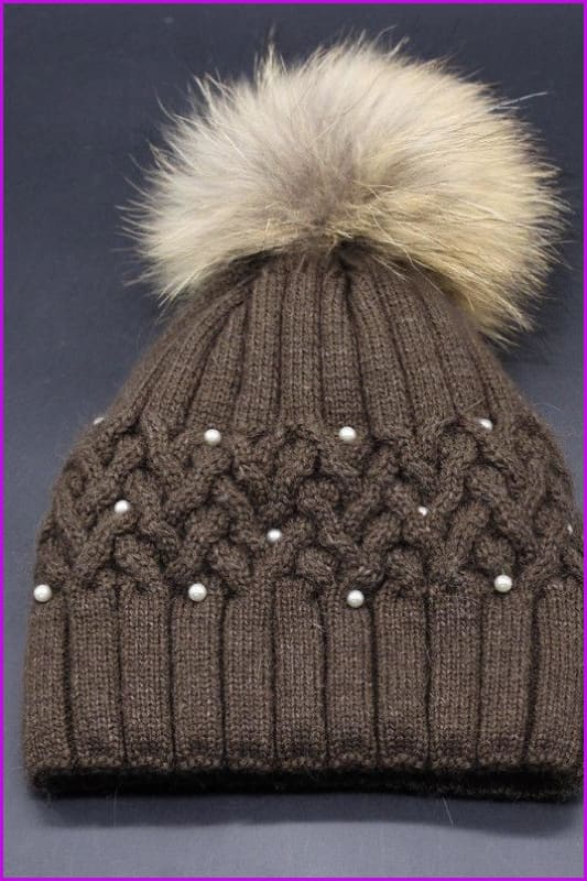 Pearl Knitted With Raccoon Fur Ball Hat DY1702 - Furdela