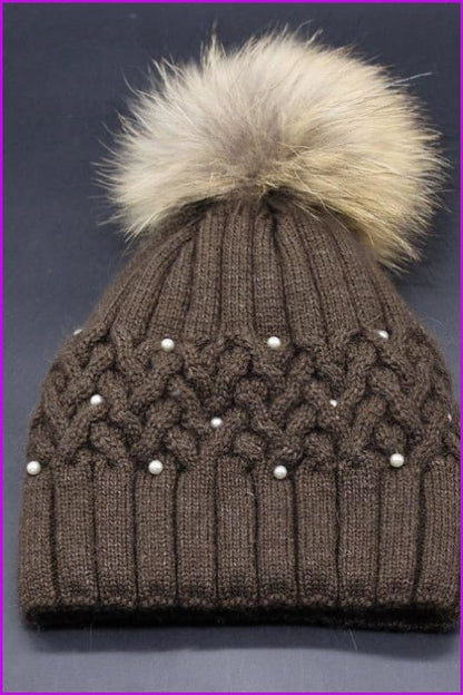 Pearl Knitted With Raccoon Fur Ball Hat DY1702 - Furdela