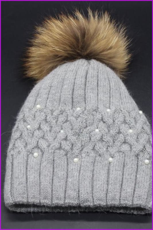 Pearl Knitted With Raccoon Fur Ball Hat DY1702 - Furdela