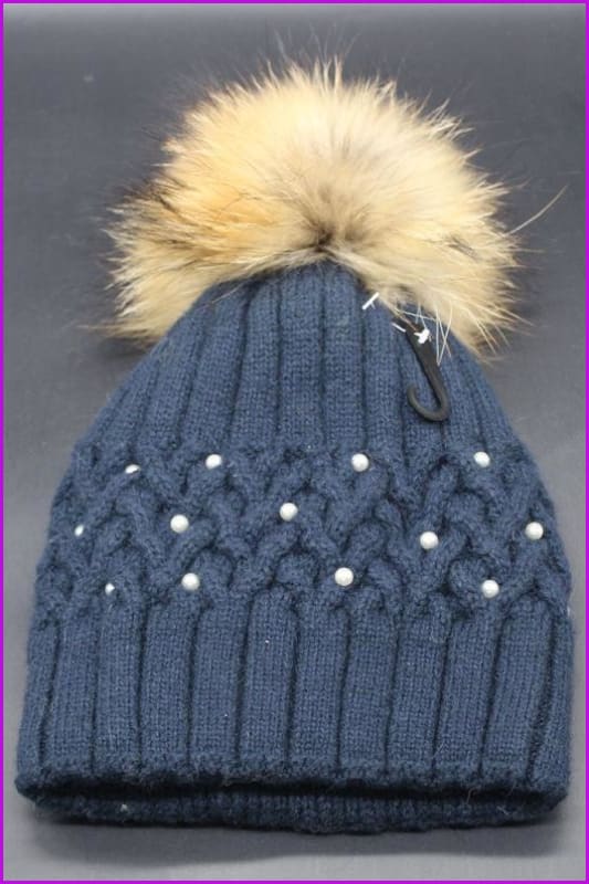 Pearl Knitted With Raccoon Fur Ball Hat DY1702 - Furdela