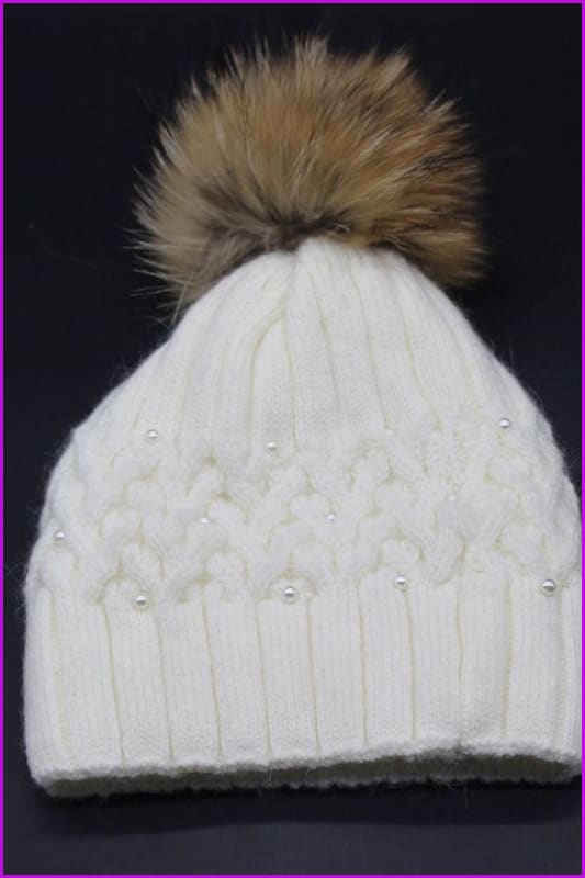 Pearl Knitted With Raccoon Fur Ball Hat DY1702 - Furdela