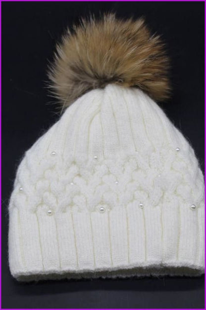 Pearl Knitted With Raccoon Fur Ball Hat DY1702 - Furdela