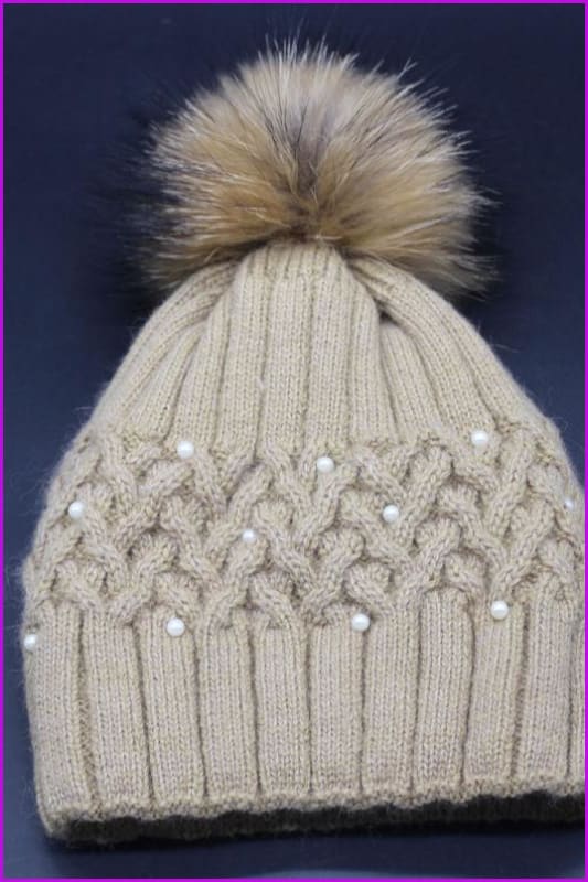 Pearl Knitted With Raccoon Fur Ball Hat DY1702 - Furdela