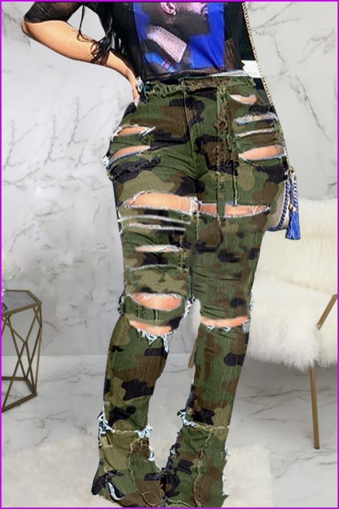 Personality Hole High Waist Camouflage Pants F3668 - Furdela