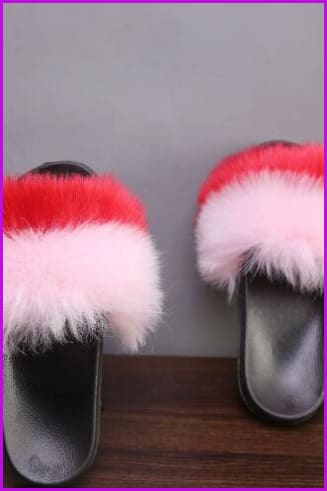 Pink And Red Faux Fake Fur Slides F153 - Furdela