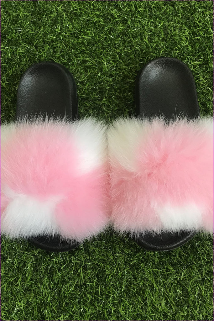 Pink And White Fox Full-Pelt Fur Sliders DF003 - Furdela