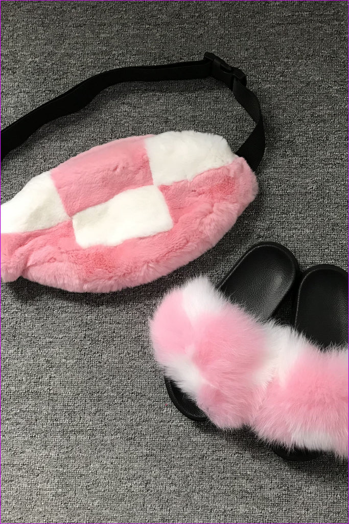 Pink And White Rex Rabbit Fanny Pack With Fox Slides - Furdela