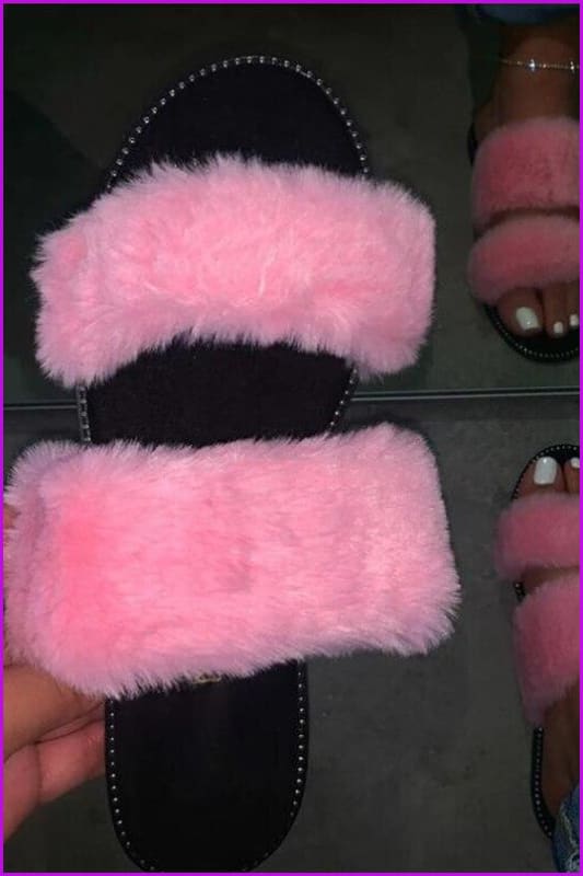 Pink Causal Fluffy Slides F454 - Furdela