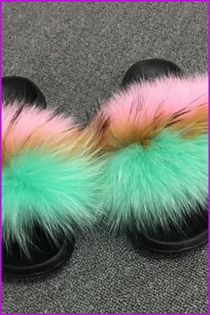 Pink Green Fox Full-Pelt Fur Sliders DF003 - Furdela