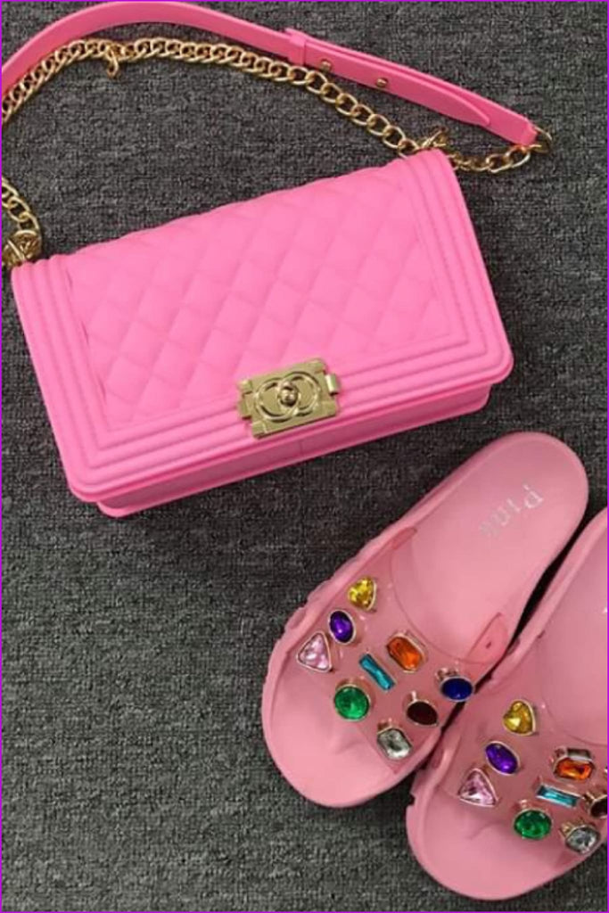 Pink Jelly Bag and Pink Gemstone Slides Set - Furdela