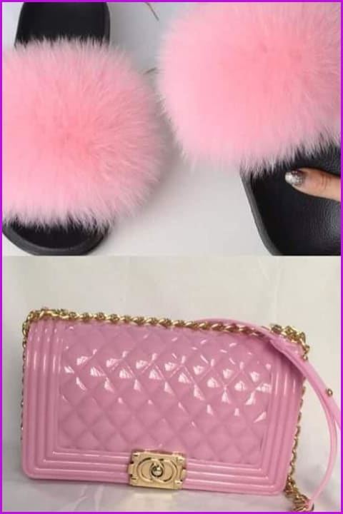 Pink Jelly Shoulder Bag And Slides Set - Furdela Wholesale