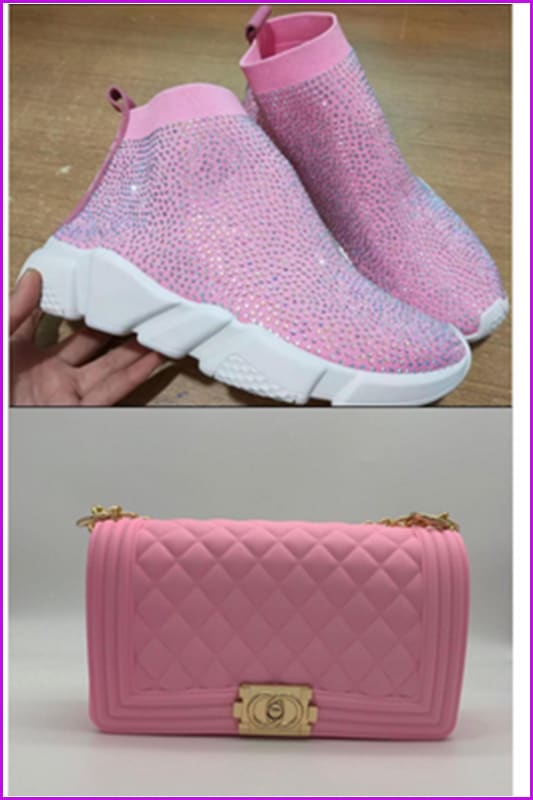 Pink Jelly Shoulder Bag And Sneakers Set - Furdela