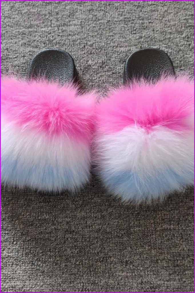 Pink White Blue Kids Fluffy Slides #4 F923 - Furdela