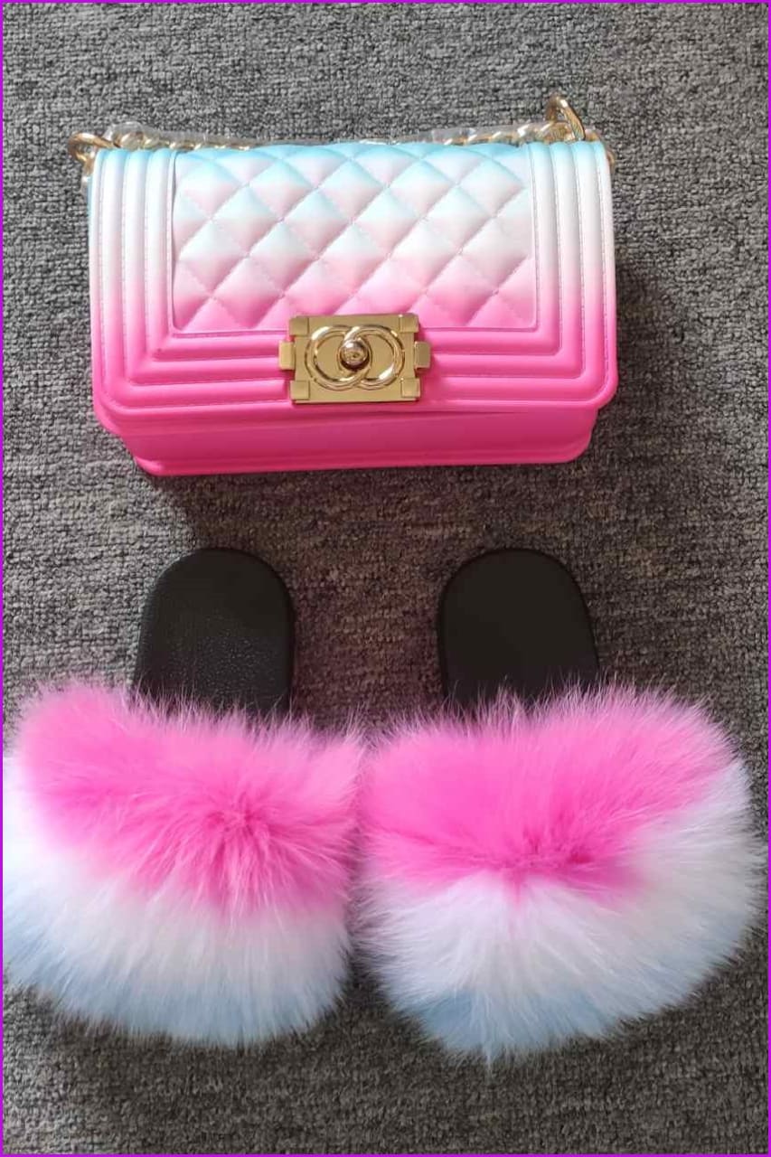 Pink White Blue Kids Fluffy Slides & Purse Set #4 F873 - Furdela