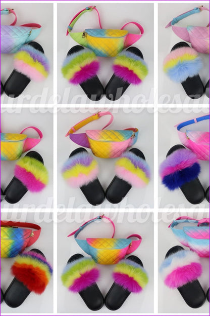 Pink Yellow Blue Fur Slides & Waist Bag Set #2 F952 - Furdela