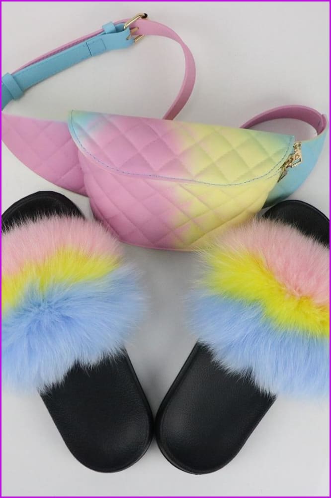 Pink Yellow Blue Fur Slides & Waist Bag Set #2 F952 - Furdela