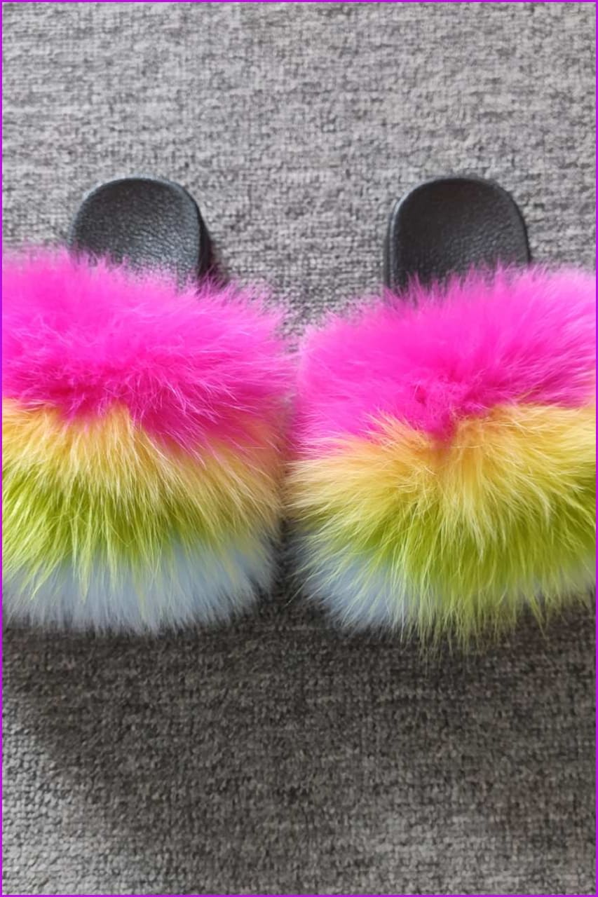 Pink Yellow Green Blue Kids Fluffy Slides #6 F923 - Furdela