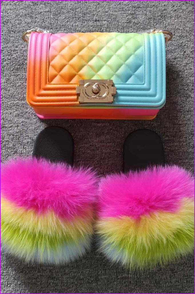 Pink Yellow Green Blue Kids Fluffy Slides & Purse Set #6 F873 - Furdela Wholesale