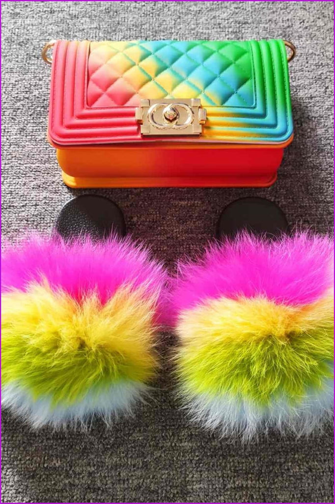 Pink Yellow Green Blue Kids Fluffy Slides & Purse Set #9 F873 - Furdela