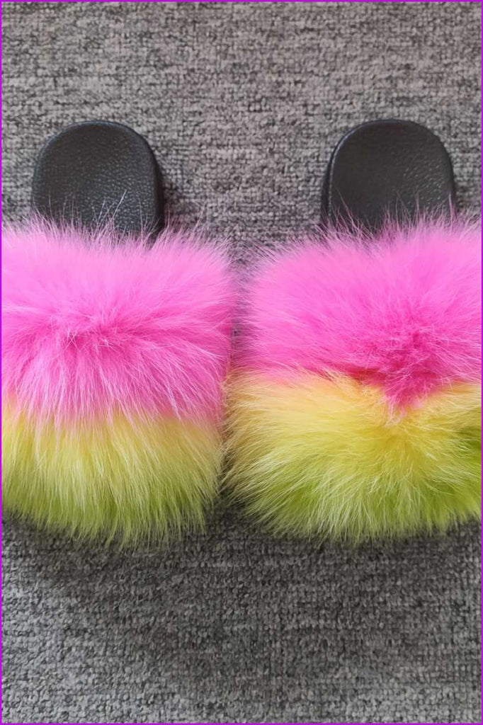 Pink Yellow Green Kids Fluffy Slides #1 F923 - Furdela