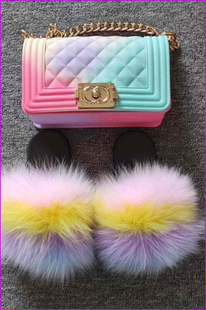 Pink Yellow Purple Blue Kids Fluffy Slides & Purse Set #10 F873 - Furdela Wholesale