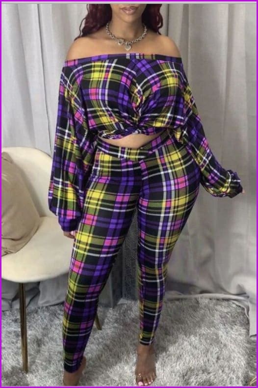 Plus Size Classic Plaid Strapless Crop Top And Leggings 2 Pieces Set F1405 - Furdela