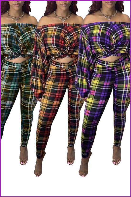 Plus Size Classic Plaid Strapless Crop Top And Leggings 2 Pieces Set F1405 - Furdela