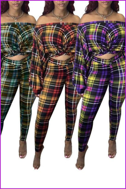 Plus Size Classic Plaid Strapless Crop Top And Leggings 2 Pieces Set F1405 - Furdela