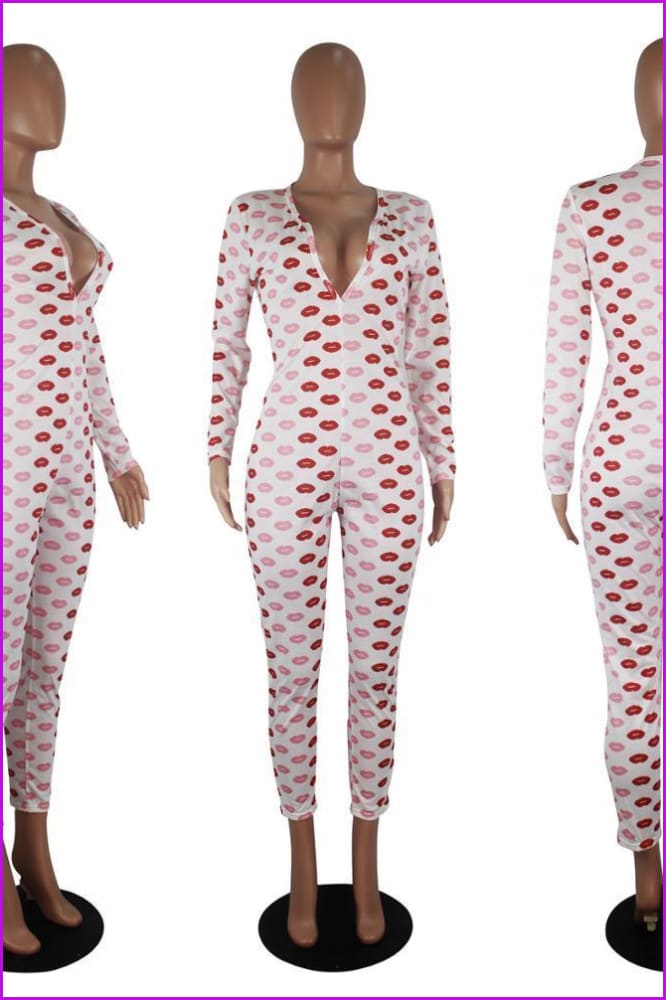 Plus Size Printed Onesie Lip Kiss Jumpsuit F715 - Furdela