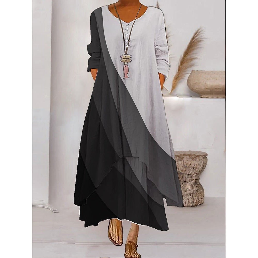 Women s Color Block Long Maxi Dress Button Layered Casual Dress Swing Dress Print Dress Fashion Modern Daily Vacation Weekend 3/4 Length Sleeve Crew Neck Dress Loose Fit Silver Black White AS301