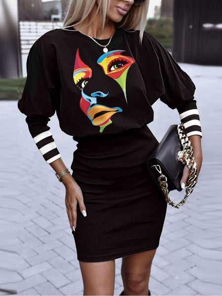 Plus Size Lantern Sleeve Geometric Print Dress AR50135