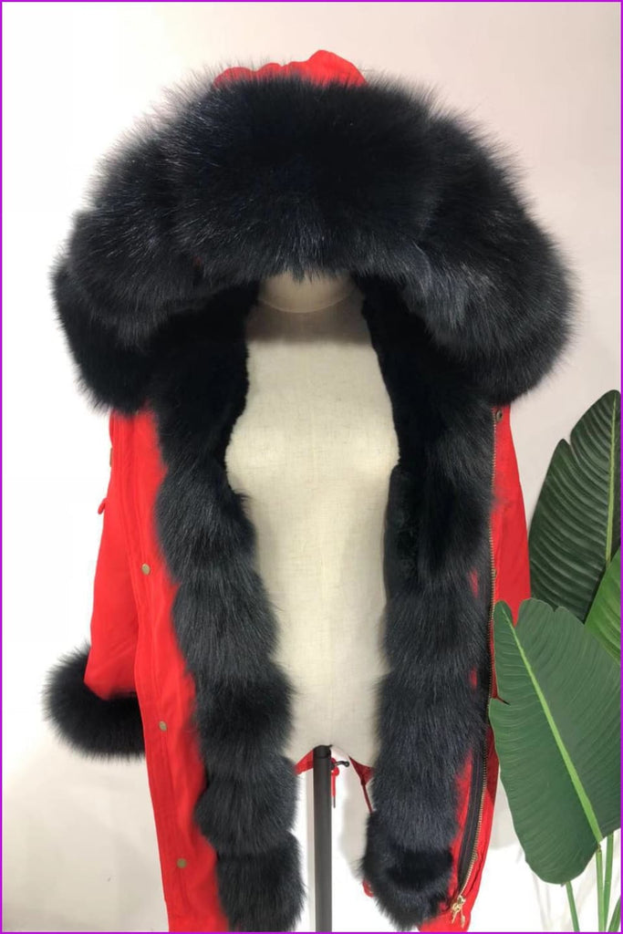 [Pre-sale] S-3XL Black Rex Rabbit Fur Parka With Fox Fur Collar F305 - Furdela