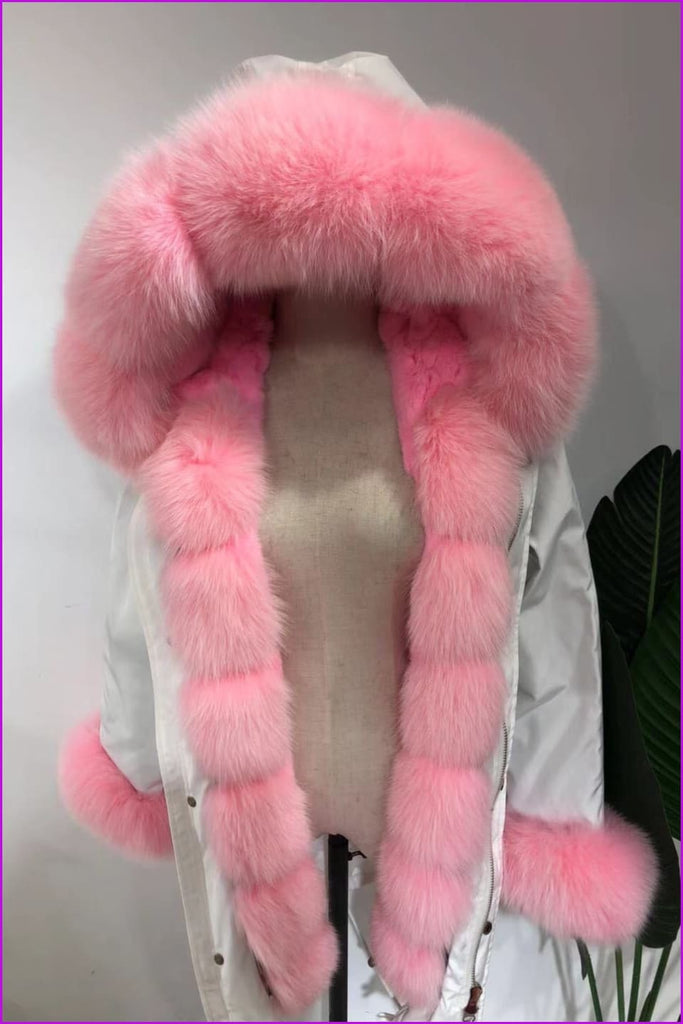 [Pre-sale] S-3XL Pink Rex Rabbit Fur Parka With Fox Fur Collar F305 - Furdela