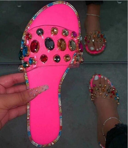 Hot Pink/Black/Snake Pattern Rhinestones Slides F478 - Furdela