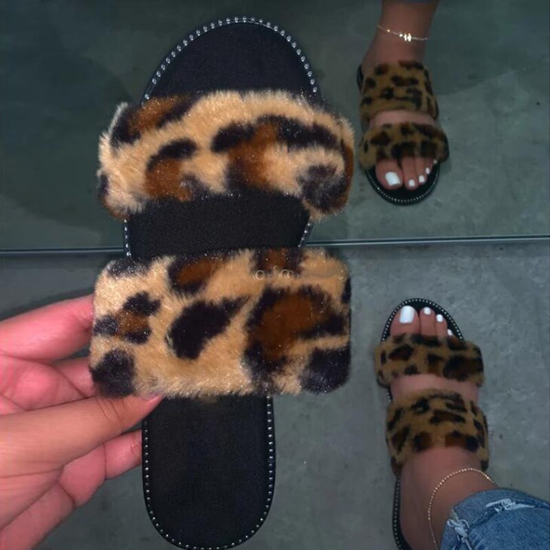 Leopard Causal Fur Slides F454 - Furdela