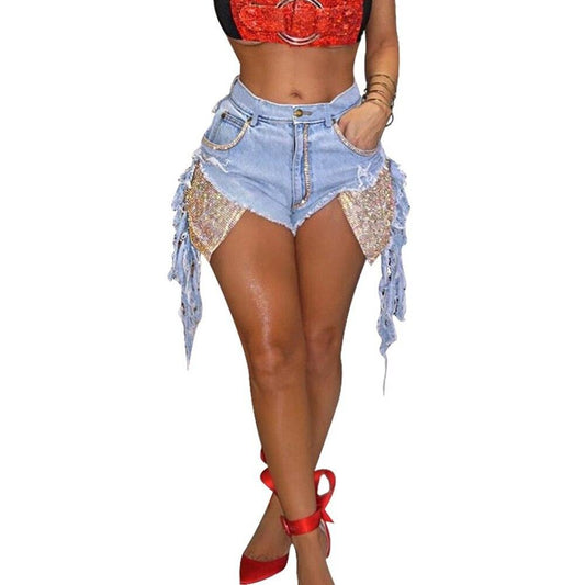 Club Sequin Destroyed Denim Shorts F773 - Furdela Wholesale