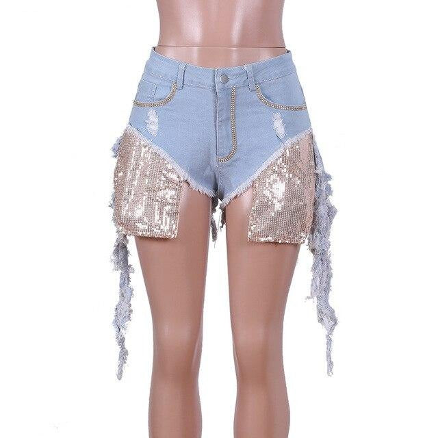 Club Sequin Destroyed Denim Shorts F773 - Furdela Wholesale