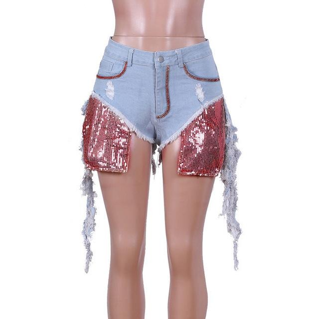 Club Sequin Destroyed Denim Shorts F773 - Furdela Wholesale