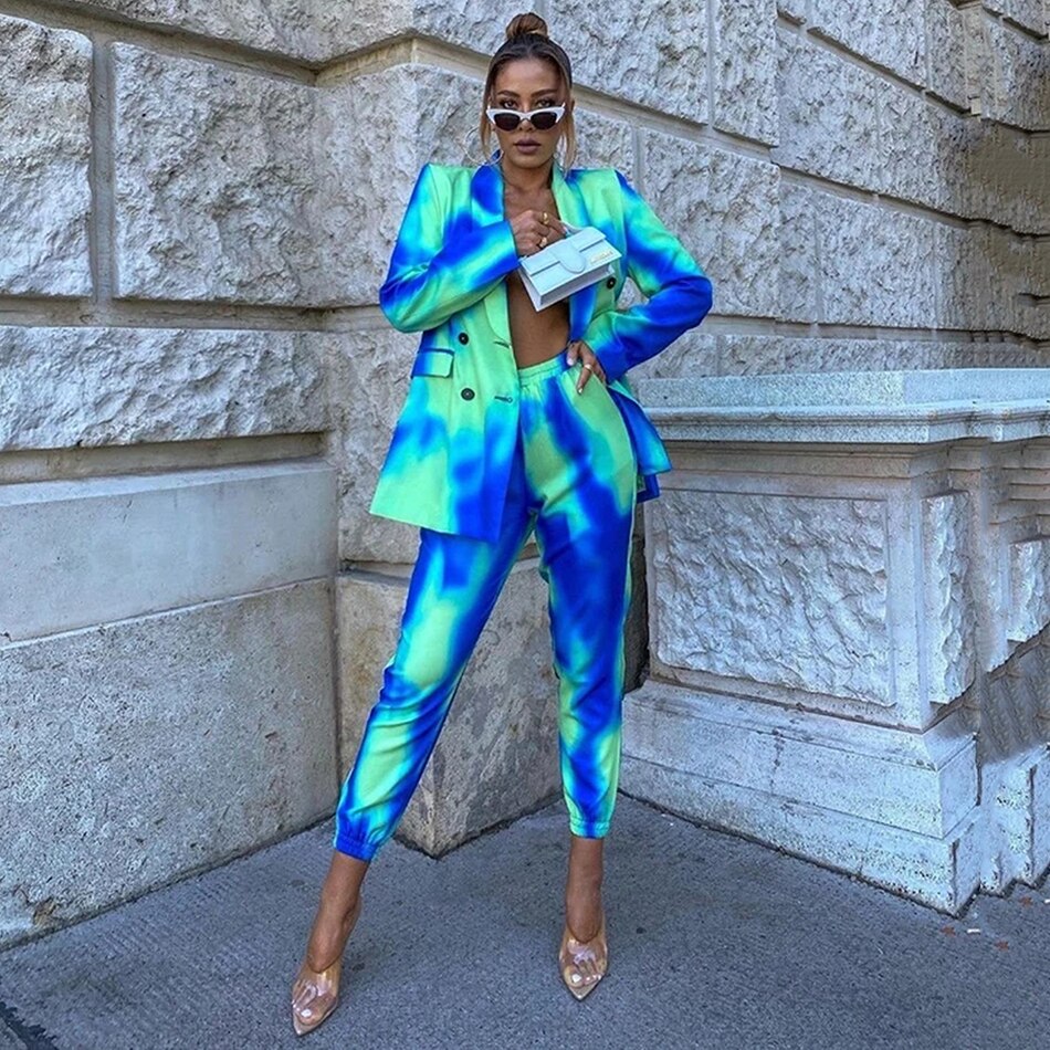 Fashion Lapel Double Breasted Tie-Dye Jacket & Pants Two-Piece Set - Furdela