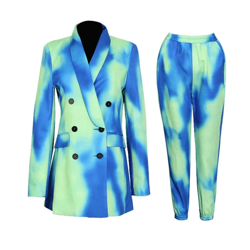 Fashion Lapel Double Breasted Tie-Dye Jacket & Pants Two-Piece Set - Furdela