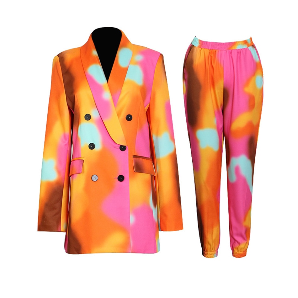 Fashion Lapel Double Breasted Tie-Dye Jacket & Pants Two-Piece Set - Furdela